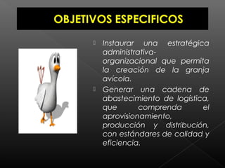    Instaurar una estratégica
    administrativa-
    organizacional que permita
    la creación de la granja
    avícola.
   Generar una cadena de
    abastecimiento de logística,
    que       comprenda       el
    aprovisionamiento,
    producción y distribución,
    con estándares de calidad y
    eficiencia.
 