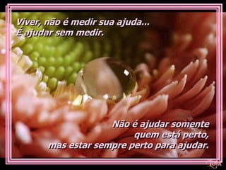 Viver, não é medir sua ajuda...
É ajudar sem medir.




                    Não é ajudar somente
                         quem está perto,
       mas estar sempre perto para ajudar.
 