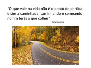 “O que vale na vida não é o ponto de partida
e sim a caminhada, caminhando e semeando
no fim terás o que colher”
Cora Carolina
 