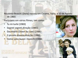 Nicoletta Braschi (Dora) nasceu em Cesena, Itália, a 10 de Agosto
de 1960.
Participou em vários filmes, tais como:
• Tu mi turbi (1983)
• Segreti segreti,direção (1985)
• Daunbailò (Down by Law) (1986)
• Il piccolo diavolo,direção (1988)
• Come sono buoni i bianchi (1988)
 