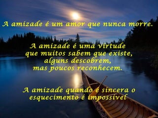 A amizade é um amor que nunca morre.
A amizade é uma virtude
que muitos sabem que existe,
alguns descobrem,
mas poucos reconhecem.
A amizade quando é sincera o
esquecimento é impossível
 