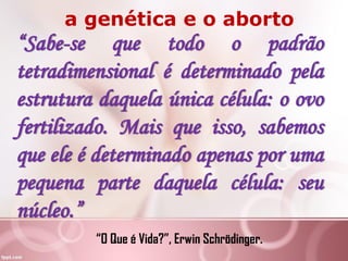 “Sabe-se que todo o padrão
tetradimensional é determinado pela
estrutura daquela única célula: o ovo
fertilizado. Mais que isso, sabemos
que ele é determinado apenas por uma
pequena parte daquela célula: seu
núcleo.”
“O Que é Vida?”, Erwin Schrödinger.
a genética e o aborto
 