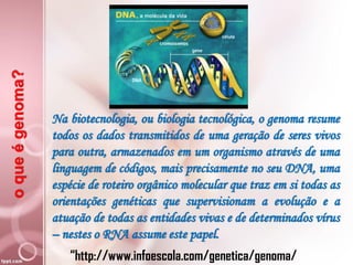 oqueégenoma?
Na biotecnologia, ou biologia tecnológica, o genoma resume
todos os dados transmitidos de uma geração de seres vivos
para outra, armazenados em um organismo através de uma
linguagem de códigos, mais precisamente no seu DNA, uma
espécie de roteiro orgânico molecular que traz em si todas as
orientações genéticas que supervisionam a evolução e a
atuação de todas as entidades vivas e de determinados vírus
– nestes o RNA assume este papel.
“http://www.infoescola.com/genetica/genoma/
 