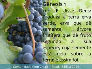 Gênesis 1
11 E disse Deus:
Produza a terra erva
verde, erva que dê
semente, árvore
frutífera que dê fruto
segundo a sua
espécie, cuja semente
está nela sobre a
terra; e assim foi.
Comunidade Com Cristo – Escola Bíblica 2014
 