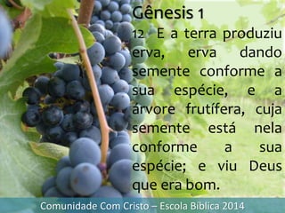 Gênesis 1
12 E a terra produziu
erva, erva dando
semente conforme a
sua espécie, e a
árvore frutífera, cuja
semente está nela
conforme a sua
espécie; e viu Deus
que era bom.
Comunidade Com Cristo – Escola Bíblica 2014
 