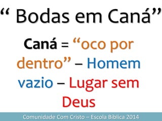 “ Bodas em Caná”
Comunidade Com Cristo – Escola Bíblica 2014
Caná = “oco por
dentro” – Homem
vazio – Lugar sem
Deus
 