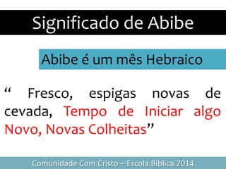 Abibe é um mês Hebraico
Significado de Abibe
“ Fresco, espigas novas de
cevada, Tempo de Iniciar algo
Novo, Novas Colheitas”
Comunidade Com Cristo – Escola Bíblica 2014
 