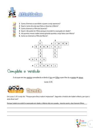 1   Como chamava o sacerdote a quem o anjo apareceu?
                2   Qual o nome do anjo que falou a Zacarias e Maria?
                3   Como chamaria o filho de Zacarias?
                4   Quem não podia ter filhos porque era estéril e avançada em idade?
                5   Há quantos meses Isabel estava grávida quando o anjo falou com Maria?
                6   Como se chamaria o filho de Maria?

                                            1                   6
                                           Z               3    J    O    Ã    O
                                  2   G     A    B   R     I    E    L
                                            C                   S
                                            A                  U
                                            R                   S
                              5   S    E    I    S
                                            A
                                  4    I    S    A    B    E    L




        E eis que em teu ventre conceberás e darás à luz um Filho e por-lhe-ás o nome de Jesus.

                                                 Lucas 1:31




Em Lucas 1:37 o anjo diz: “Porque para Deus nada é impossível”. Segundo a história de Isabel e Maria, por que o
anjo disse isso?

Porque Isabel era estéril e avançada em idade, e Maria não era casada, mesmo assim, elas tiveram filhos.___

_________________________________________________________________________________________

_________________________________________________________________________________________

_________________________________________________________________________________________




                                                                                                                  3
 