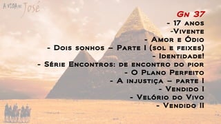 Gn 37
- 17 anos
-Vivente
- Amor e Ódio
- Dois sonhos – Parte I (sol e feixes)
- Identidade!
- Série Encontros: de encontro do pior
- O Plano Perfeito
- A injustiça – parte I
- Vendido I
- Velório do Vivo
- Vendido II
 