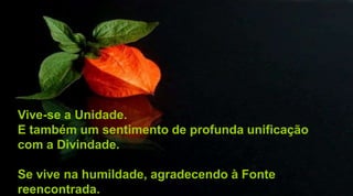 Vive-se a Unidade.
E também um sentimento de profunda unificação
com a Divindade.
Se vive na humildade, agradecendo à Fonte
reencontrada.
 
