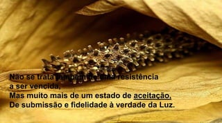 Não se trata também de uma resistência
a ser vencida,
Mas muito mais de um estado de aceitação,
De submissão e fidelidade à verdade da Luz.
 