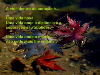 A vida dentro do coração é...

Uma vida nova,
Uma vida onde a distância e a
separação são abolidas,

Uma vida onde o mental
não pode mais lhe enganar.
 