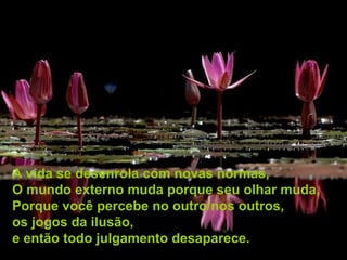 A vida se desenrola com novas normas,
O mundo externo muda porque seu olhar muda,
Porque você percebe no outro/nos outros,
os jogos da ilusão,
e então todo julgamento desaparece.
 
