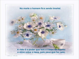 Na morte o homem fica sendo imortal.   A vida é o poder que tem o corpo de manter  a alma sobre a terra, pelo peso que faz nela.  