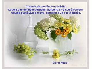 O ponto de reunião é no infinito.  Aquele que dorme e desperta, desperta e vê que é homem.  Aquele que é vivo e morre, desperta e vê que é Espírito. Victor Hugo 