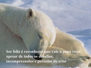 Ser feliz é reconhecer que vale a pena viver,
apesar de todos os desafios,
incompreensões e períodos de crise.
 