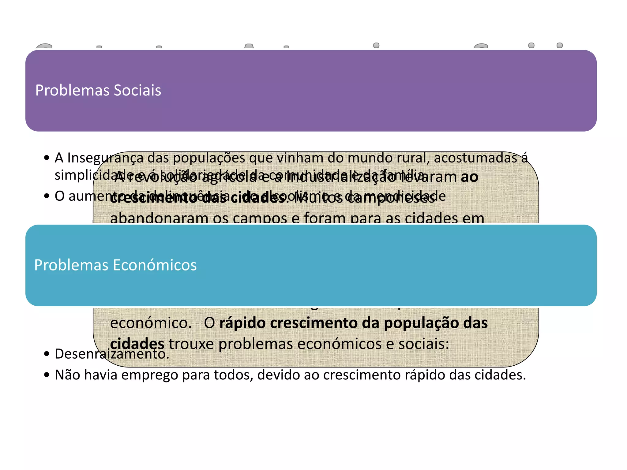 Crescimento da população urbana
A revolução agrícola e a industrialização levaram ao
crescimento das cidades. Muitos camponeses
abandonaram os campos e foram para as cidades em
busca de melhores condições de vida e salários regulares.
Este êxodo rural foi facilitado pelo desenvolvimento dos
transportes, pois transportar pessoas e abastecer as
cidades com alimentos era agora mais rápido e
económico. O rápido crescimento da população das
cidades trouxe problemas económicos e sociais:
Problemas Sociais
• A Insegurança das populações que vinham do mundo rural, acostumadas á
simplicidade e á solidariedade da comunidade e da família.
• O aumento da delinquência , do alcoolismo e da mendicidade
Problemas Económicos
• Desenraizamento.
• Não havia emprego para todos, devido ao crescimento rápido das cidades.
 