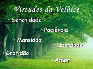 Virtudes da Velhice
• SerenidadeSerenidade
• PaciênciaPaciência
• MansidãoMansidão
• LiberdadeLiberdade
• GratidãoGratidão
• AmorAmor
 