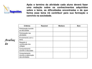 Após o termino da atividade cada aluno deverá fazer uma redação sobre os conhecimentos adquiridos sobre o tema, as dificuldades encontradas e de que forma esse tema irá contribuir para sua formação e convívio na sociedade. Avaliação Comportamento durante a elaboração das atividades       Comportamento durante a discussão       Respeito à contribuição dos colegas       Envolvimento com o tema       Participação nas atividades       Participação durante as discussões Bom Mediano Razoável Critérios 