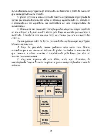 meio adequado ao progresso já alcançado, até terminar a parte da evolução
que corresponde a este mundo.
      O globo terrestre é uma esfera de matéria organizada impregnada de
forças que atuam diretamente sobre os átomos, constituindo-os, unindo-os
e mantendo-os em equilíbrio, na sistemática de uma complexidade de
movimentos.
      O átomo está em constante vibração produzida pela energia existente
no seu interior, e liga-se a outro átomo pela força de coesão para compor a
molécula. É também essa mesma força de coesão que une as moléculas
entre si.
      De um pólo ao outro da Terra, passam linhas de força que as próprias
bússolas denunciam.
      A força de gravidade exerce poderosa ação sobre cada átomo,
atraindo-o para um centro no interior do globo.Em todos os movimentos
que executa, a esfera terrestre é impulsionada pela força que atua no
interior dos seus átomos.
      O diagrama seguinte dá uma idéia, ainda que elementar, da
associação da Força e Matéria no planeta, para a composição dos reinos da
natureza.




                                    12
 