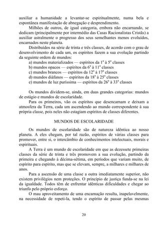 auxiliar a humanidade a levantar-se espiritualmente, numa bela e
espontânea manifestação de abnegação e desprendimento.
      Milhões de outros, de igual categoria, embora não encarnando, se
dedicam (principalmente por intermédio das Casas Racionalistas Cristãs) a
auxiliar astralmente o progresso dos seus semelhantes menos evoluídos,
encarnados neste planeta.
      Distribuídos na série de trinta e três classes, de acordo com o grau de
desenvolvimento de cada um, os espíritos fazem a sua evolução partindo
da seguinte ordem de mundos:
      a) mundos materializados — espíritos da 1a à 5a classes
      b) mundos opacos — espíritos da 6a à 11a classes
      c) mundos brancos — espíritos da 12a à 17a classes
      d) mundos diáfanos — espíritos da 18a à 25a classes
      e) mundos de luz puríssima — espíritos da 26a à 33a classes

      Os mundos dividem-se, ainda, em duas grandes categorias: mundos
de estágio e mundos de escolaridade.
      Para os primeiros, vão os espíritos que desencarnam e deixam a
atmosfera da Terra, cada um ascendendo ao mundo correspondente à sua
própria classe, pois neles não estagiam espíritos de classes diferentes.

                    MUNDOS DE ESCOLARIDADE
      Os mundos de escolaridade são de natureza idêntica ao nosso
planeta. A eles chegam, por tal razão, espíritos de várias classes para
promover, entre si, o intercâmbio de conhecimentos intelectuais, morais e
espirituais.
      A Terra é um mundo de escolaridade em que as dezessete primeiras
classes da série de trinta e três promovem a sua evolução, partindo da
primeira e chegando à décima-sétima, em períodos que variam muito, de
espírito para espírito, mas que se elevam, sempre, a milhares e milhares de
anos.
      Para a ascensão de uma classe a outra imediatamente superior, não
existem privilégios nem proteções. O princípio de justiça funda-se na lei
da igualdade. Todos têm de enfrentar idênticas dificuldades e chegar ao
triunfo pelo próprio esforço.
      O mau aproveitamento de uma encarnação resulta, inapelavelmente,
na necessidade de repeti-la, tendo o espírito de passar pelas mesmas


                                     20
 