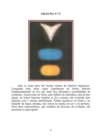 GRAVURA Nº 17




      Aqui se vêem mais três formas Astrais de Espíritos Superiores.
Conquanto duas delas sejam semelhantes na forma, diferem
fundamentalmente na cor, por onde fica eliminada a possibilidade de
confusões. Assim como na Terra, entre bilhões de indivíduos, não há dois
iguais, no Astral Superior também se dá o mesmo, não existindo dois
espíritos com a mesma identificação. Podem igualar-se na forma e no
tamanho da figura adotada, mas nunca na nuança da cor e no perfume.
Estas duas características, que resultam do processo de evolução, são
peculiares a cada espírito.




                                  71
 