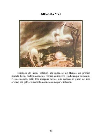 GRAVURA Nº 24




     Espíritos do astral inferior, utilizando-se de fluidos do próprio
planeta Terra, podem, com eles, formar as imagens fluídicas que quiserem.
Nesta estampa, estão três imagens dessas: um macaco no galho de uma
árvore; um gato, e uma bola, com cauda na parte inferior.




                                   78
 