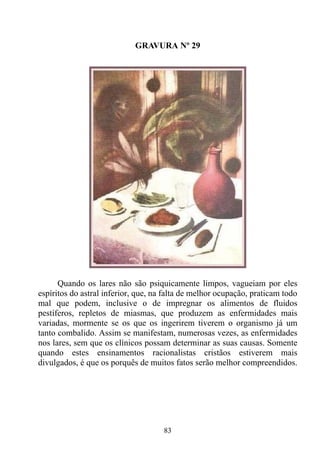 GRAVURA Nº 29




      Quando os lares não são psiquicamente limpos, vagueiam por eles
espíritos do astral inferior, que, na falta de melhor ocupação, praticam todo
mal que podem, inclusive o de impregnar os alimentos de fluidos
pestíferos, repletos de miasmas, que produzem as enfermidades mais
variadas, mormente se os que os ingerirem tiverem o organismo já um
tanto combalido. Assim se manifestam, numerosas vezes, as enfermidades
nos lares, sem que os clínicos possam determinar as suas causas. Somente
quando estes ensinamentos racionalistas cristãos estiverem mais
divulgados, é que os porquês de muitos fatos serão melhor compreendidos.




                                     83
 