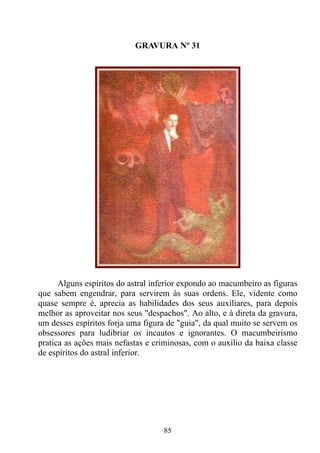 GRAVURA Nº 31




      Alguns espíritos do astral inferior expondo ao macumbeiro as figuras
que sabem engendrar, para servirem às suas ordens. Ele, vidente como
quase sempre é, aprecia as habilidades dos seus auxiliares, para depois
melhor as aproveitar nos seus "despachos". Ao alto, e à direta da gravura,
um desses espíritos forja uma figura de "guia", da qual muito se servem os
obsessores para ludibriar os incautos e ignorantes. O macumbeirismo
pratica as ações mais nefastas e criminosas, com o auxílio da baixa classe
de espíritos do astral inferior.




                                   85
 