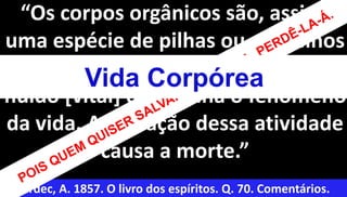 6
“Os corpos orgânicos são, assim,
uma espécie de pilhas ou aparelhos
elétricos, nos quais a atividade do
fluido [vital] determina o fenômeno
da vida. A cessação dessa atividade
causa a morte.”
Kardec, A. 1857. O livro dos espíritos. Q. 70. Comentários.
Vida Corpórea
 