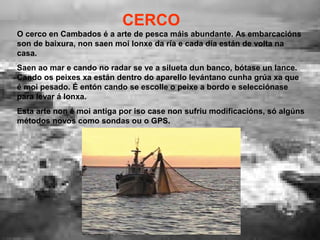 CERCO
O cerco en Cambados é a arte de pesca máis abundante. As embarcacións
son de baixura, non saen moi lonxe da ría e cada día están de volta na
casa.
Saen ao mar e cando no radar se ve a silueta dun banco, bótase un lance.
Cando os peixes xa están dentro do aparello levántano cunha grúa xa que
é moi pesado. É entón cando se escolle o peixe a bordo e selecciónase
para levar á lonxa.
Esta arte non é moi antiga por iso case non sufriu modificacións, só algúns
métodos novos como sondas ou o GPS.
 