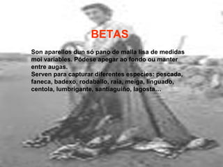 BETAS
Son aparellos dun só pano de malla lisa de medidas
moi variables. Pódese apegar ao fondo ou manter
entre augas.
Serven para capturar diferentes especies: pescada,
faneca, badexo, rodaballo, raia, meiga, linguado,
centola, lumbrigante, santiaguiño, lagosta…
 