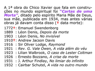 A 1ª obra do Chico Xavier que fala em constru-
ções no mundo espiritual foi “Cartas de uma
Morta”, ditado pelo espírito Maria Mãe de Deus,
sua mãe, publicada em 1934, mas antes várias
obras já davam conta disso († data morte):
1772†: Emanuel Swendenborg
1889 : Léon Denis, Depois da morte
1903 : Léon Denis, No invisível
1910†: Andrew Jacson Davis
1916 : Sir Oliver Lodge, Raymond
1921 : Rev. G. Vale Owen, A vida além do véu
1923 : Lilian Walbrook, O caso de Lester Coltman
1926 : Ernesto Bozzano, A crise da morte
1931 : J. Arthur Findlay, No limiar do infinito
1932 : Cairbar Schutel, A vida no outro mundo
 