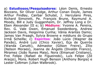 a) Estudiosos/Pesquisadores: Léon Denis, Ernesto
Bozzano, Sir Oliver Lodge, Arthur Conan Doyle, James
Arthur Findlay, Cairbar Schutel, J. Herculano Pires,
Richard Simonett, Pe. François Brune, Raymund A.
Moody, Bill e Judy Guggenheim, Dr. Jeffrey Long e Dr.
Eben Alexander III e; b) Médiuns: Yvonne A. Pereira,
Rev. G. Vale Owen, Emanuel Swedenborg, Andrew
Jackson Davis, Heigorina Cunha; Vânia Arantes Damo;
James Van Praagh, Sylvia Browne e médiuns do Grupo
Irmã Scheilla; c) Espíritos: João Lúcio (Wagner da
Paixão), André Luiz (Chico Xavier), Eça de Queirós
(Wanda Canutti), Admastor (Gilson Freire), Zílio
(Nelson Moraes), Joanna de Ângelis (Divaldo Franco),
Miramez (João Nunes Maia), Nora (Emanuel Cristiano),
Frei Felipe (Rafael de Figueiredo), Luís Felipe (Zé
Araújo), Mons. Robert Hugh Benson (Anthony Borgia) e
Lester Coltman (Lilian Walbrook).
 