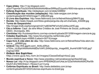 
Capa slides: http://1.bp.blogspot.com/-
uQui7Tqsm0s/Txiz3UV5rAI/AAAAAAAABow/SRRqoZUyyxA/s1600/vida-apos-a-morte.jpg

Esferas Espirituais: http://slideplayer.com.br/slide/339993/

Classificação dos mundos (adaptação): http://ade-sergipe.com.br/wp-
content/uploads/2014/02/Image11-296x300.jpg

O Livro dos Espíritos: http://www.feblivraria.com.br/febnet/fotos/g296470.jpg

Dúvida: http://static.freepik.com/fotos-gratis/pergunta-clip-art-chamada_434268.jpg

Turma do Gasparzinho:
http://image.tmdb.org/t/p/original/m2V1q9D3kPNFsVUACx0AtuLldYE.jpg

Céu e Inferno: Capa da obra Mitos Cristãos de José Pinheiro de Souza, publicação
GEEC, Divinópolis, MG.

Cientistas:http://luzdoespiritismo.com/wp-content/uploads/2013/08/imagem-ciencia-le.jpg

Cidades Espirituais: http://www.forumespirita.net/fe/index.php?
action=dlattach;topic=40895.0;attach=50718;image

Capa livro A vida além do véu: http://www.feblivraria.com.br/febnet/fotos/Vida-alem-do-
veu-a-__g59868.jpg

Umbral: http://lh6.ggpht.com/_AhXLcERuk-
c/TEhn_UL83pI/AAAAAAAABDo/ViAFLSXN2qs/clip_image005_thumb%5B1%5D.jpg?
imgmax=800

Ordem dos Espíritos:
http://www.guia.heu.nom.br/images/ClasseDeEspiritos2.jpg

Mundo espiritual e físico: http://www.anjodeluz.net/canalizacao/spiritworld2.jpg

Nosso Lar: http://4.bp.blogspot.com/-PPE60NQDJoI/U4aLta1ZZaI/AAAAAAAACRw/06-
53zA7i-8/s1600/Artes+-+Nosso+Lar+3.png

Colônias Espirituais no Brasil: http://www.deldebbio.com.br/wp-
content/uploads/2013/03/Colonias-espirituais-no-brasil.jpg
 