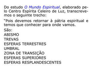 1 - o Umbral “grosso”;
2 - o Umbral médio;
3 - o Umbral superior, onde se localiza “Nosso Lar”;
4 - região da arte, da cultura e da ciência;
umbral
 
