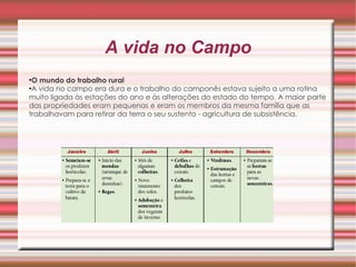 A vida no Campo O mundo do trabalho rural   A vida no campo era dura e o trabalho do camponês estava sujeito a uma rotina muito ligada às estações do ano e às alterações do estado do tempo. A maior parte das propriedades eram pequenas e eram os membros da mesma família que as trabalhavam para retirar da terra o seu sustento - agricultura de subsistência.  