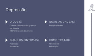 Depressão
O QUE É?
Grau de tristeza muito grave ou
persistente
Interfere na vida da pessoa
QUAIS AS CAUSAS?
Multiplos fatores
QUAIS OS SINTOMAS?
Psíquicos
Somáticos
COMO TRATAR?
Psicossocial
Medicação
 