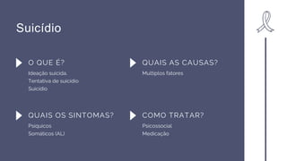 Suicídio
O QUE É?
Ideação suicida.
Tentativa de suicídio
Suicídio
QUAIS AS CAUSAS?
Multiplos fatores
QUAIS OS SINTOMAS?
Psíquicos
Somáticos (AL)
COMO TRATAR?
Psicossocial
Medicação
 