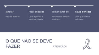 Ignorar
Não dar atenção.
Ficar chocado
Levar a pessoa a
sentir-se julgada.
Tentar livrar-se
Terceirizar a atenção
e cuidado.
Falso consolo
Dizer que vai ficar
tudo bem.
O QUE NÃO SE DEVE
FAZER ATENÇÃO!
 