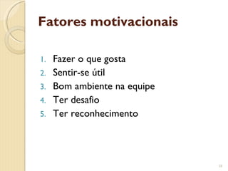 Fatores motivacionais Fazer o que gosta Sentir-se útil Bom ambiente na equipe Ter desafio Ter reconhecimento 