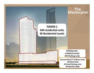 TOWER 1TOWER 1
644 residential units
26 Residential Levels
The
Masterplan
Ground Floor/1st Podium Level:
20 Retail Units
45 Retail Parking units
Residential Lobby
Parking area:
4 Podium Levels
245 Parking units
 
