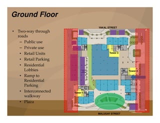 Ground Floor
YAKAL STREET
• Two-way through
roads
– Public use
– Private use
• Retail Units
• Retail Parking
Tower 3
MALUGAY STREET
Retail Parking
• Residential
Lobbies
• Ramp to
Residential
Parking
• Interconnected
walkway
• Plaza
Tower 2
Tower 1
 