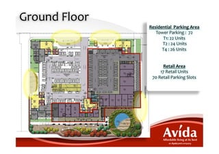 Ground	
  Floor	
  
                      Residential	
  	
  Parking	
  Area	
  
                         Tower	
  Parking	
  :	
  	
  72	
  
                                   T1:	
  22	
  Units	
  
                               	
  T2	
  :	
  24	
  Units	
  
                                T4	
  :	
  26	
  Units	
  
                                               	
  
                                               	
  
                                   Retail	
  Area	
  
                              17	
  Retail	
  Units	
  
                       70	
  Retail	
  Parking	
  Slots	
  
 