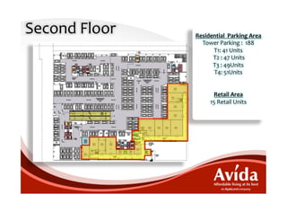 Second	
  Floor	
     Residential	
  	
  Parking	
  Area	
  
                        Tower	
  Parking	
  :	
  	
  188	
  
                                T1:	
  41	
  Units	
  
                            	
  T2	
  :	
  47	
  Units	
  
                               T3	
  :	
  49Units	
  
                                T4:	
  51Units	
  
                                            	
  
                                            	
  
                                Retail	
  Area	
  
                           15	
  Retail	
  Units	
  
 
