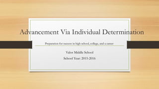 Advancement Via Individual Determination
Valor Middle School
School Year: 2015-2016
Preparation for success in high school, college, and a career
 