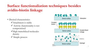 Surface functionaliation techniques besides
avidin-biotin linkage
• Desired characteristics
Attachment is stable
 Activity (functionality is not
compromised
High immobilzed molecules
density
 Simple process
 