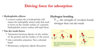 Driving force for adsorption
• Hydrophobic effects:
• a sensor surface tha is hydrophobic will
attract the hydrophilic amino acids that tend
to form on the outside surface of a protein.
Hydrophobic sensor surface will repel them
• Van der waals forces
• Interaction between dipoles on the surface
of the protein and the surface of the sensor
• Like coulombic attraction. Not a chemial
bond
• Momentary, temporary dipole fluxuation
Hydrogen bonding
⅟10 the strength of covalent bonds
stronger than van der waals
 