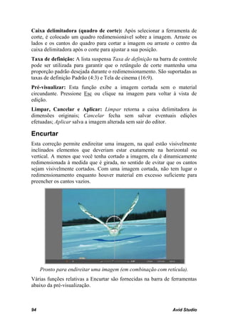 Caixa delimitadora (quadro de corte): Após selecionar a ferramenta de
corte, é colocado um quadro redimensionável sobre a imagem. Arraste os
lados e os cantos do quadro para cortar a imagem ou arraste o centro da
caixa delimitadora após o corte para ajustar a sua posição.
Taxa de definição: A lista suspensa Taxa de definição na barra de controle
pode ser utilizada para garantir que o retângulo de corte mantenha uma
proporção padrão desejada durante o redimensionamento. São suportadas as
taxas de definição Padrão (4:3) e Tela de cinema (16:9).
Pré-visualizar: Esta função exibe a imagem cortada sem o material
circundante. Pressione Esc ou clique na imagem para voltar à vista de
edição.
Limpar, Cancelar e Aplicar: Limpar retorna a caixa delimitadora às
dimensões originais; Cancelar fecha sem salvar eventuais edições
efetuadas; Aplicar salva a imagem alterada sem sair do editor.

Encurtar
Esta correção permite endireitar uma imagem, na qual estão visivelmente
inclinados elementos que deveriam estar exatamente na horizontal ou
vertical. A menos que você tenha cortado a imagem, ela é dinamicamente
redimensionada à medida que é girada, no sentido de evitar que os cantos
sejam visivelmente cortados. Com uma imagem cortada, não tem lugar o
redimensionamento enquanto houver material em excesso suficiente para
preencher os cantos vazios.




     Pronto para endireitar uma imagem (em combinação com retícula).
Várias funções relativas a Encurtar são fornecidas na barra de ferramentas
abaixo da pré-visualização.



94                                                             Avid Studio
 