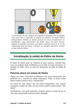A constituição de uma imagem em camadas começando com um quadro
 vazio (em cima à esquerda). O padrão de tabuleiro de damas indica
 transparência. Embora os fundos possam ter áreas transparentes ou
 translúcidas, aqui adicionamos um fundo opaco (0) para clareza,
 seguido de camadas sucessivas com algum conteúdo opaco (1, 2, 3). Na
 composição final (em baixo à direita), as camadas superiores ocultam
 as que estão por baixo.



     Inicialização (e saída) do Editor de títulos

O Editor de títulos pode ser chamado de duas maneiras: clicando duas
vezes em qualquer título na Biblioteca ou na linha de tempo do projeto; ou
clicando no botão Título na barra de ferramentas da linha de tempo do
projeto.

Palavras-chave em nomes de títulos
Alguns dos títulos fornecidos na Biblioteca têm áreas transparentes que
permitem ver o conteúdo de trilhas subjacentes. Todos os nomes destes
títulos contêm a palavra-chave “sobreposição”.
Os títulos de “tela inteira” não têm áreas transparentes: eles ocupam
totalmente o quadro de vídeo. Os seus nomes contêm a palavra-chave “tela
inteira”.
Na Biblioteca, você pode facilmente visualizar apenas os títulos de um ou
outro tipo, pesquisando na palavra-chave adequada.




Capítulo 7: O Editor de títulos                                       133
 